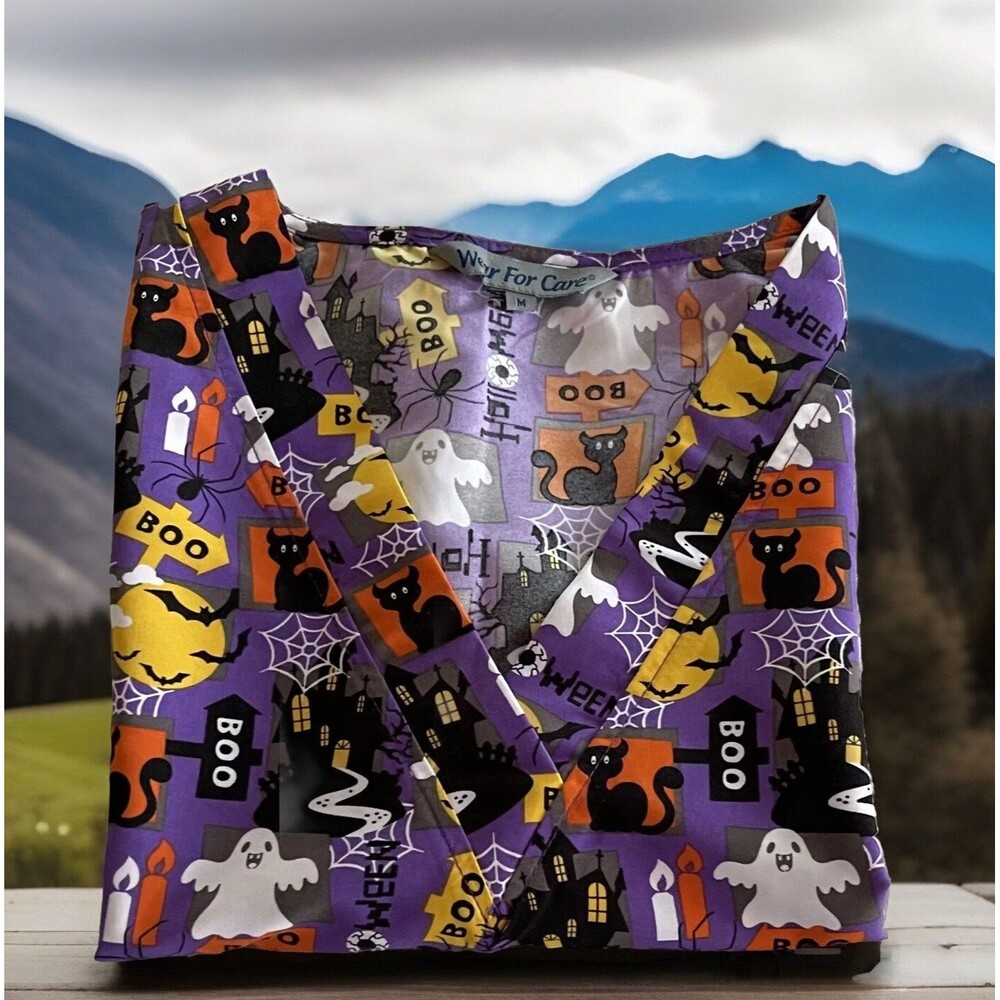 Halloween Purple Scrub Top V-Neck Wear for Care Ghost Bats Black Cat Boo Lady M